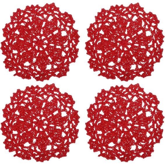 uxcell Fabric Coasters, 4pcs 4" - Cotton Woven Crochet Doilies, Lace Embroidery Cup Mat with Floral Pattern for Wedding Party Decoration (Red)