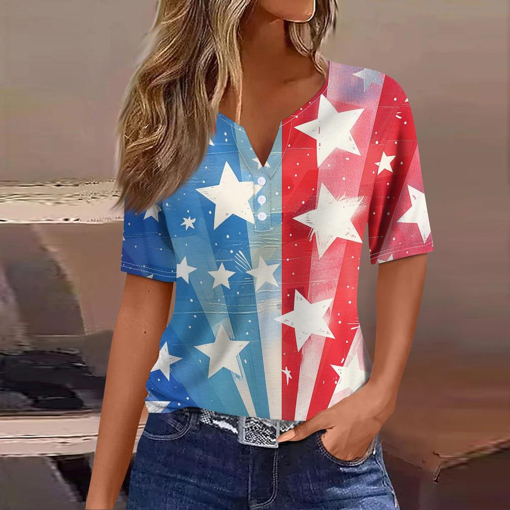 Жен. Футболка Футболка День независимости С принтом Пуговицы С короткими рукавами Повседневные Выходные Мода Классический Классический V-образный вырез Обычный Топ