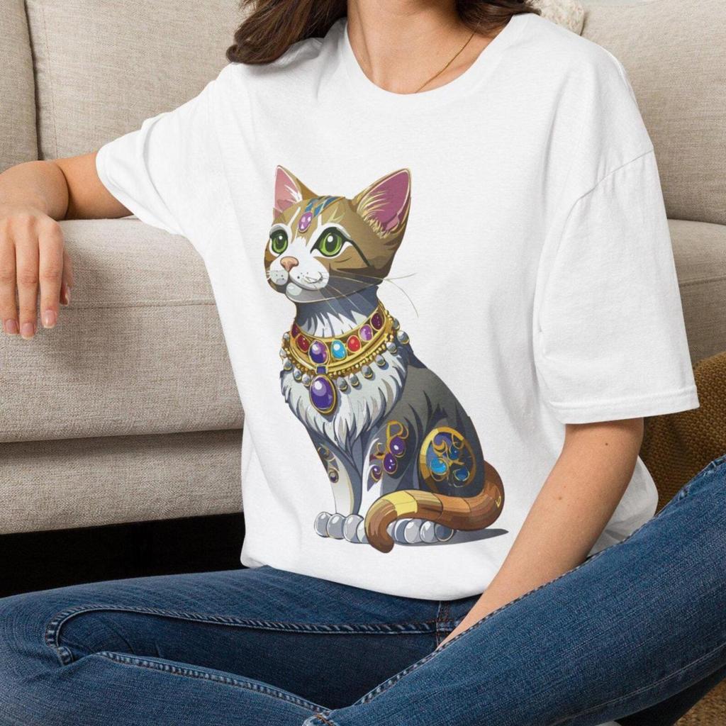 Regal Jewel Cat T-Shirt | Crowned Cat Tee Animal Tee Gift for Boy Girl Mom Dad Grand Family Friend Sister Brother Crew Team Party
