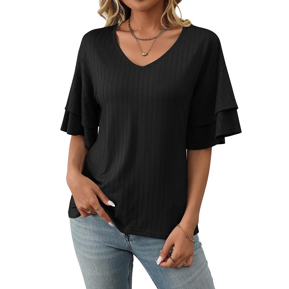 Women's 2025 V-Neck Ruffled Sleeve Short Sleeve T-Shirt, Solid Color Casual Summer Blouse with Flowy Hem for Daily & Vacation Outfits