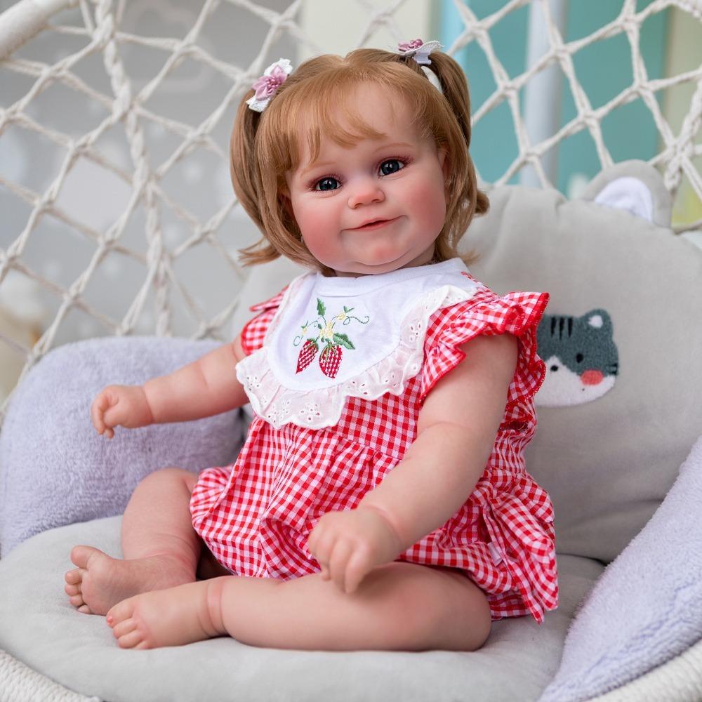 Cute 60cm Reborn Doll Maddie with Rooted Curly Hair Cloth Body Fat Baby Doll Look Real Handmade 3d Painted Skin Newborn Dolls for Kids Age 3+ Year Old