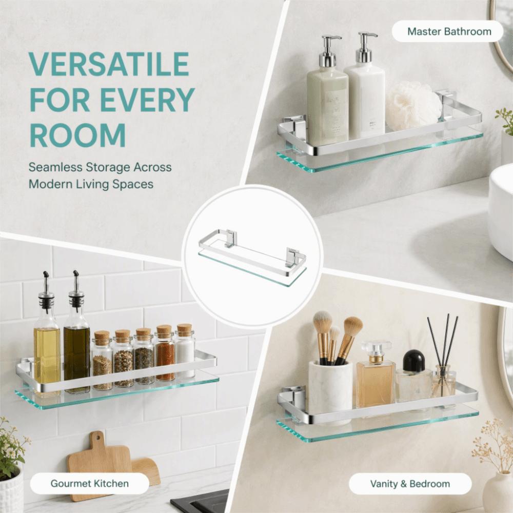 Silver Glass Shelf Organizer Tempered Thickened Glass Shower Caddy Home Organization