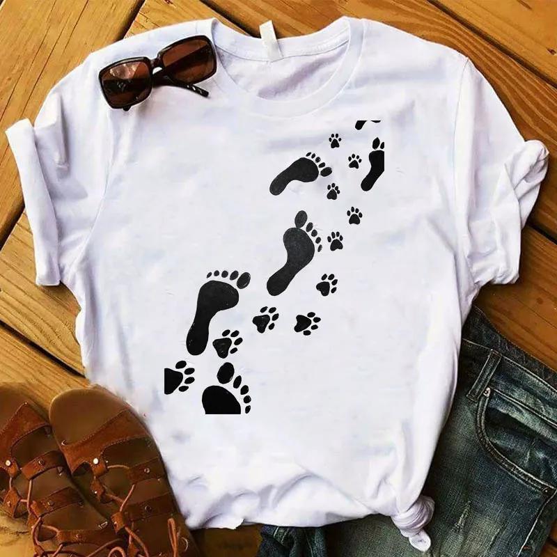 Women T Graphic Flower Never Walk Alone Dog Paw Fashion Printed Top Tshirt Female Tee Shirt Ladies Clothes Tshirt