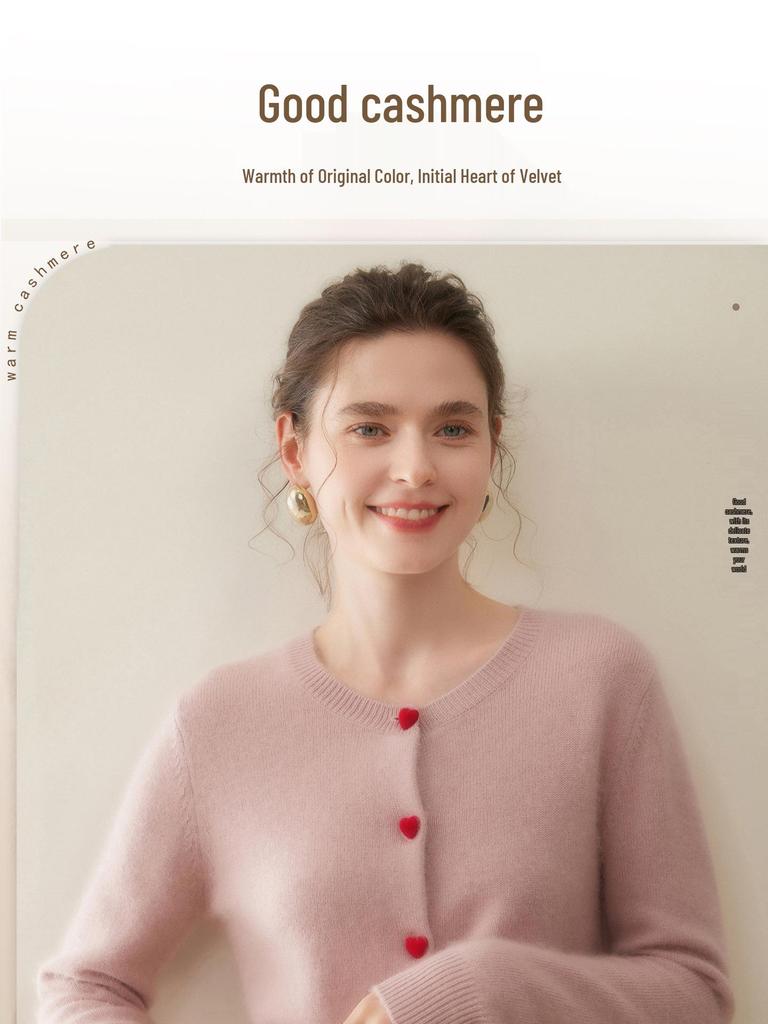 Women's Cashmere Round Neck Cardigan - Soft Knitwear with Heart Buttons, Versatile Base Layer Top, Solid Color Casual Outerwear