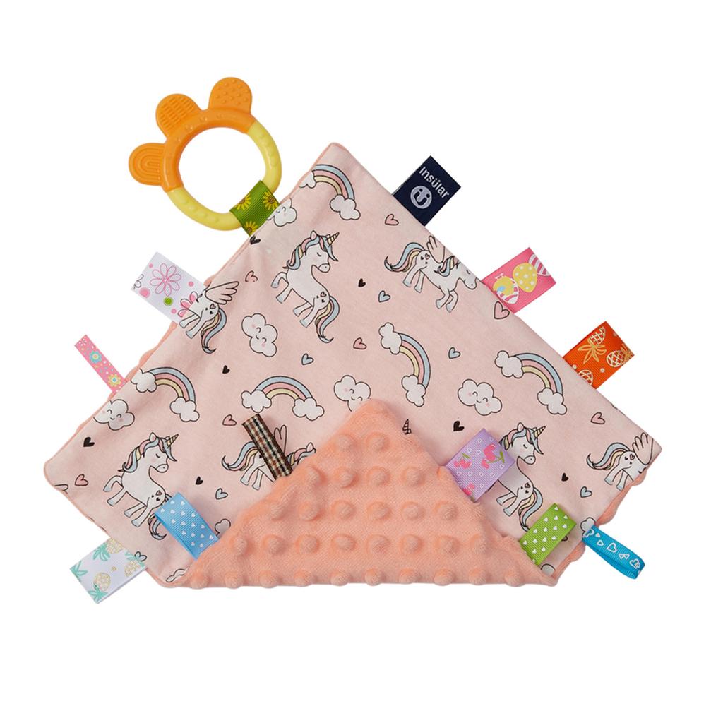 Baby Appease Towel Comfortable Baby Tag Soothing Security Blanket with Colorful Tags Silicone Baby Teether Cute Patterns Soft Comforter Hand Plush