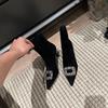 French Pointed Square Buckle Thin Heel Short Boots Women's 2025 Autumn and Winter New Rhinestone High Heel Elastic Thin Boots