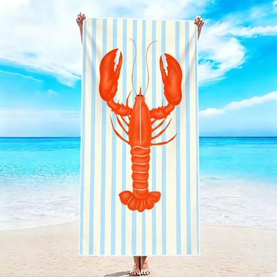 1Pc, Blue and White Striped Lobster Beach Towel, Super Absorbent Lightweight Beach Towel - Sand-Free Quick-Dry Towel, Soft Microfiber, Suitable for Va