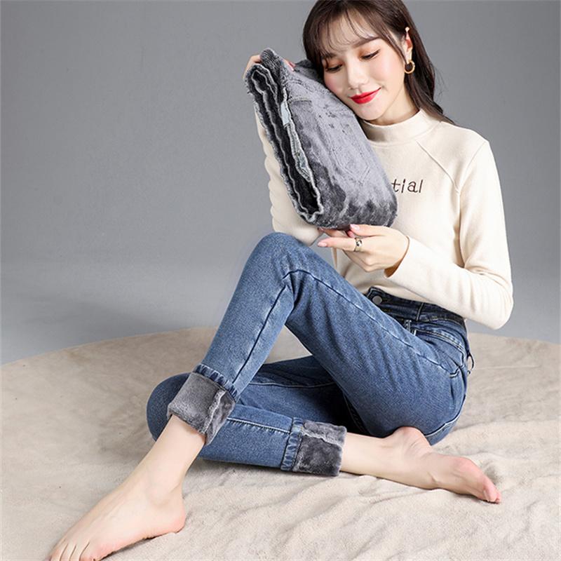 Зимние толстые флисовые теплые узкие брюки-карандаш для мам, джинсы, женские повседневные уличные брюки с высокой талией, женские синие джинсовые брюки