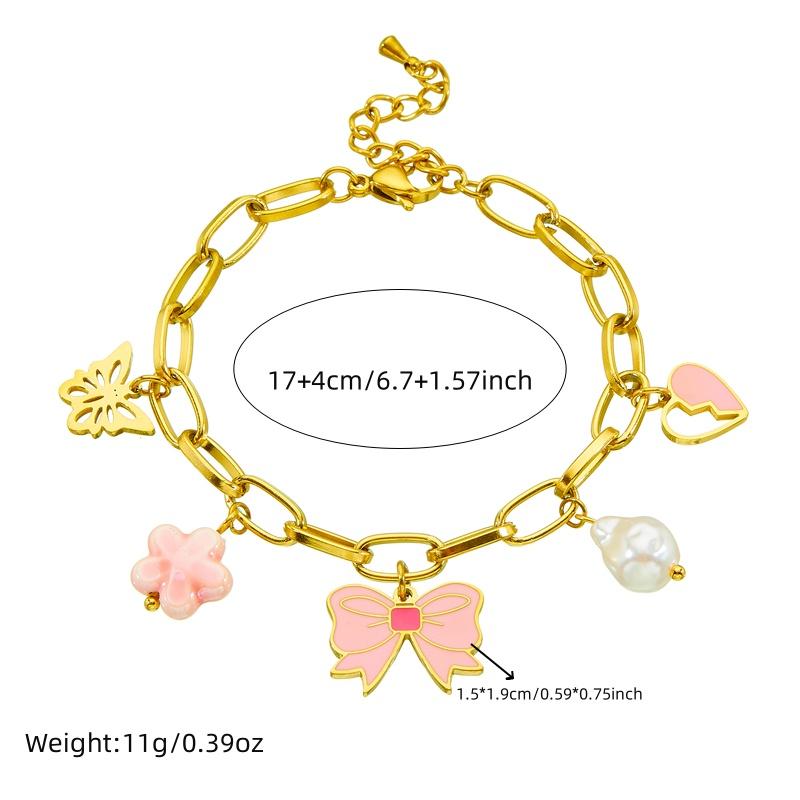 DIEYURO 316L Stainless Steel Pink Bowknot Heart Flower Pearl Pendant Necklace Earrings Bracelet Set New Trend Waterproof Jewelry