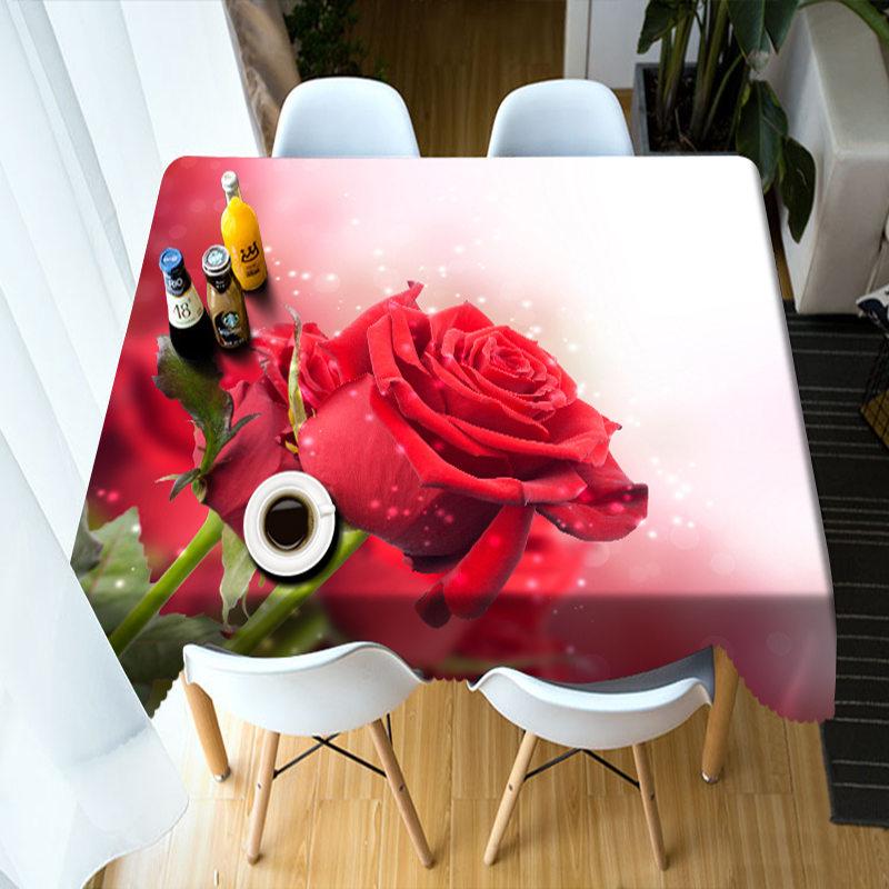 Red And Yellow Rose Flower Pattern Dustproof Washable Cloth Rectangular And Round Table Cloth