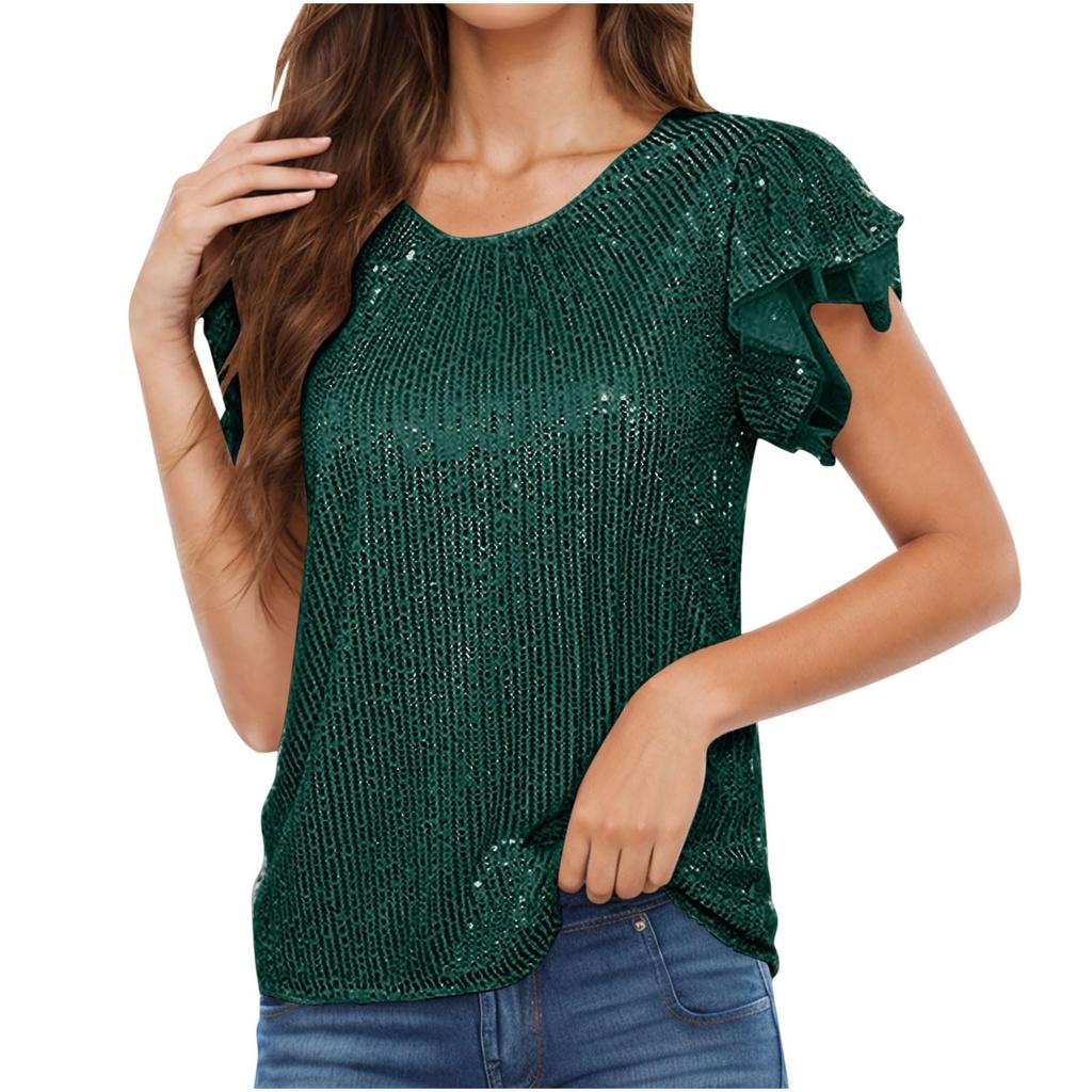 Women's Fashion Solid Color Round Neck Ruffle Sleeve Sequins Casual Blouse Tops