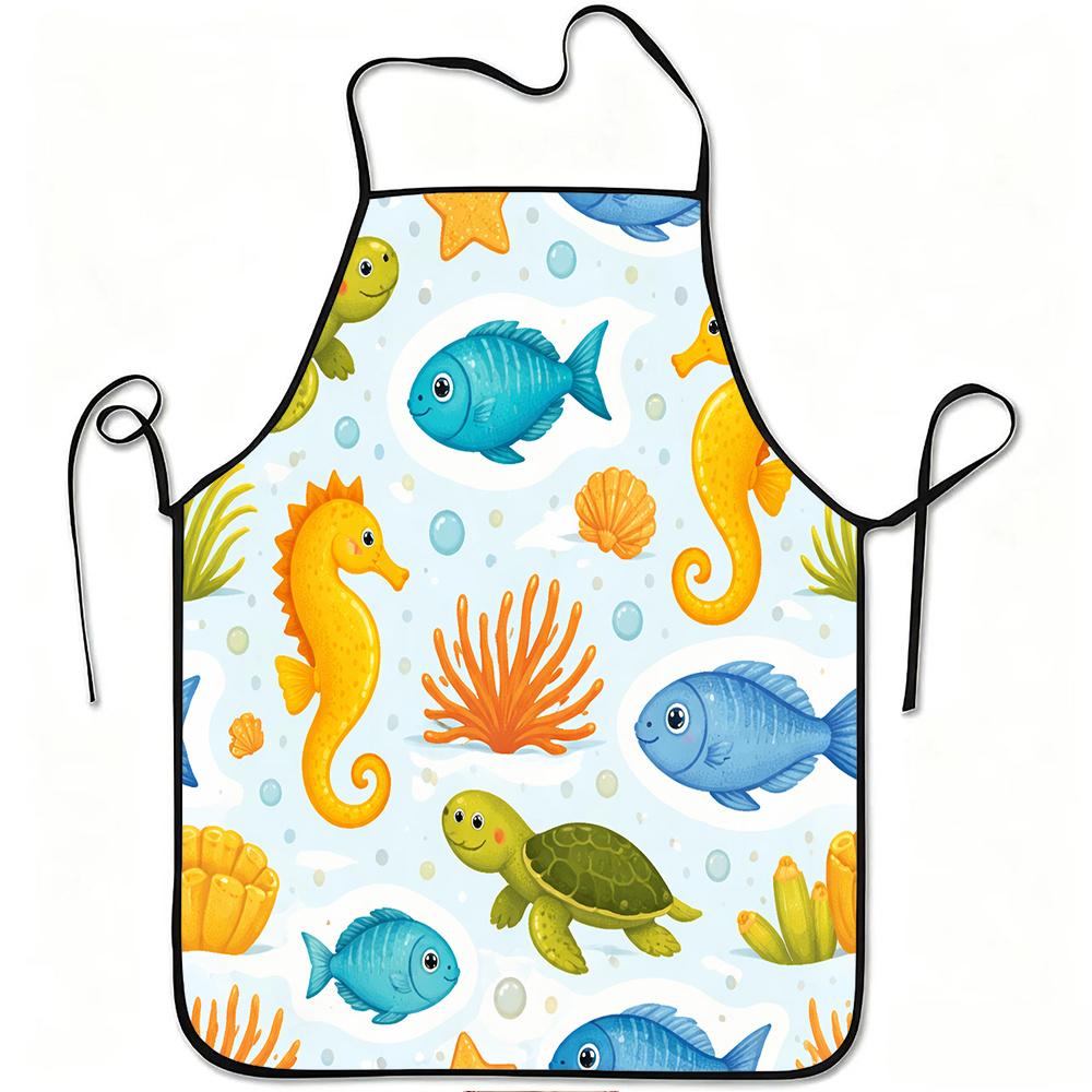 1pc Sea Life Turtle Fish Seahorse Coral Print Apron, Durable And Easy to Clean, Adjustable Waistband, Polyester Material, for Kitchen Cooking, Gardeni