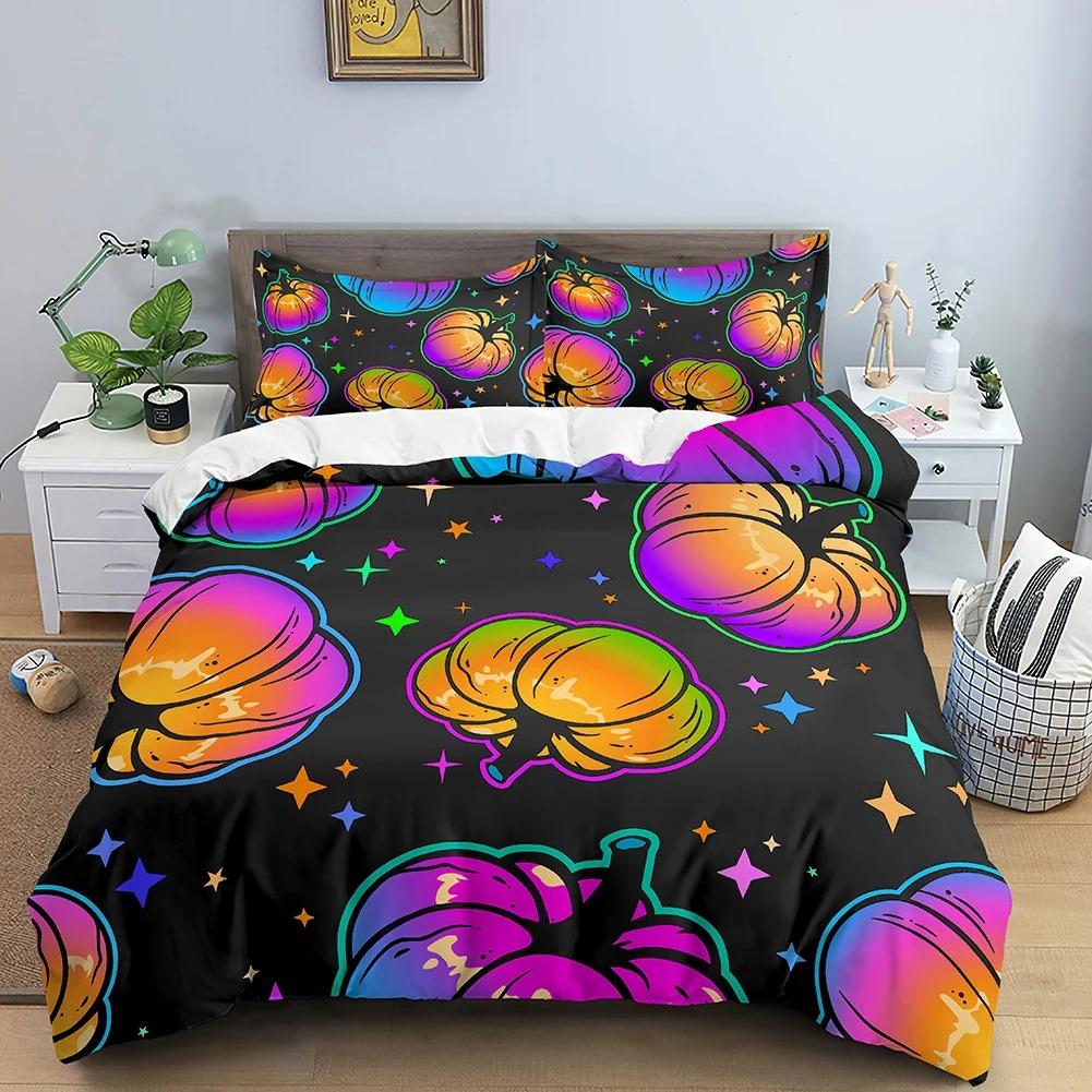 Неоновый цветной пододеяльник, комплект постельного белья King Rainbow Gradient Pumpkin, микрофибра, пододеяльник на Хэллоуин, двойной пододеяльник