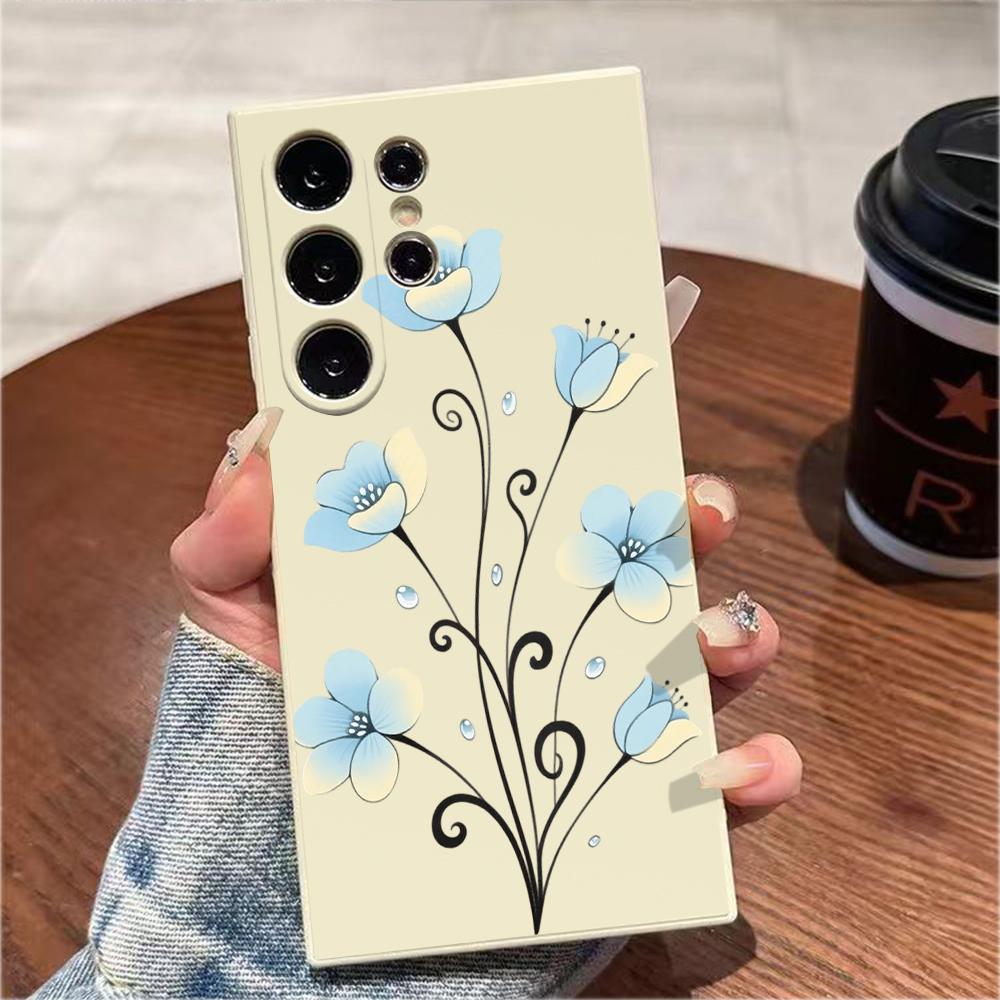 Синий Цветок с Кудрявыми Стеблями Для Samsung Galaxy S25 S24 Ultra S23 S22 S21 S20 FE Plus Note 10 20 Lite Защитный Чехол из ТПУ