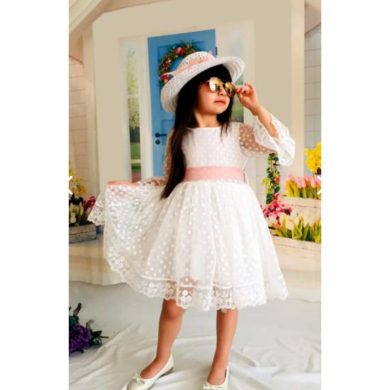 Princess Girl White Dress with Hat and Lace