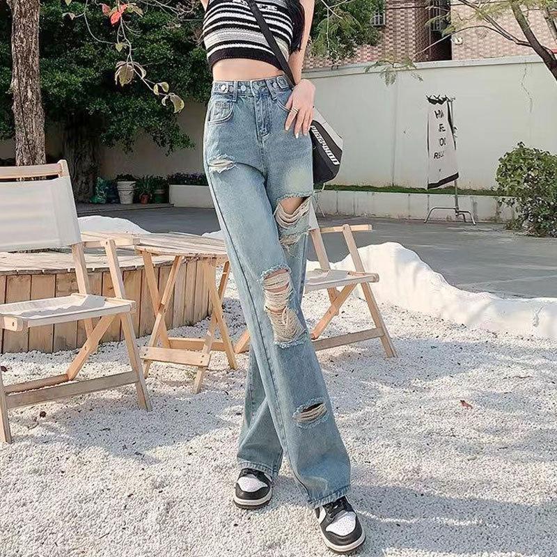 Women's Spring and Summer Broken Hole Straight Jeans Pockets Personalized Design Wide Leg Pants