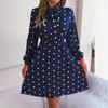 Autumn Winter Women's High Waist Pleated Dress Long Sleeve Lace Up Dot Temperament