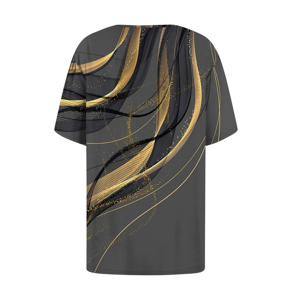 Women's Fashionable Casual Short Sleeve Button Print Round Neck Pullover Top