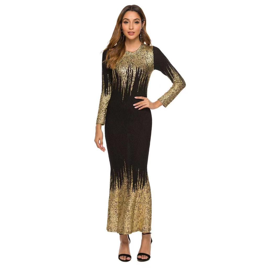 Elegant Long Dresses with Long Sleeves and Gradient Sequins Plus Size Evening Dresses Slim Fit Round Neck Mermaid with Gold Stamped
