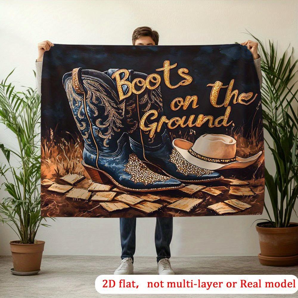 2D flat, 1 boot on the ground art background banner - Western cowboy boot and cowboy hat design, durable polyester fabric