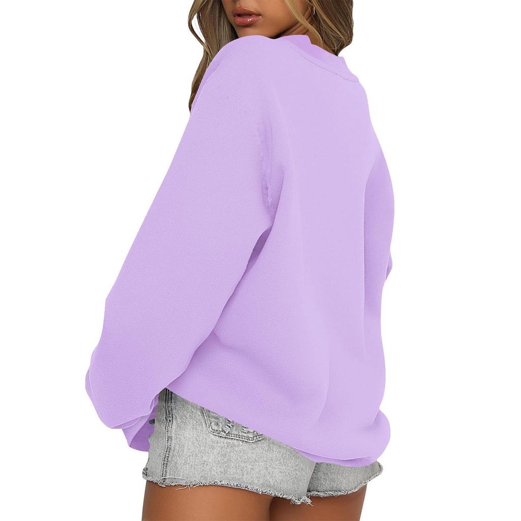 Women's European and American Loose Fit Round Neck Solid Sweatshirt - Autumn/Winter Plus Velvet Long Sleeve Casual Sports Top