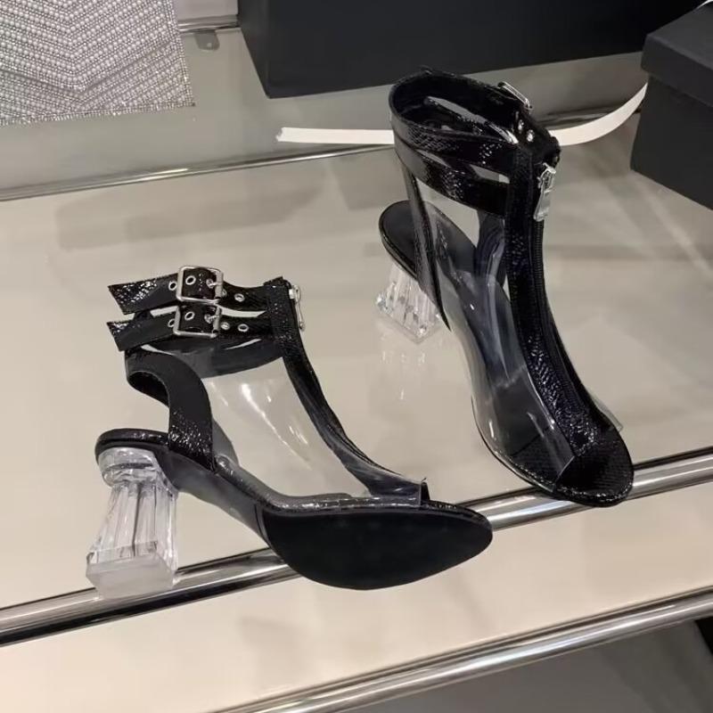 Fashion High Heels Women Sandals Fashion Elegant Buckle Shoes Lady 2025 New Chunky Slippers Summer Cool Pumps Leather Sandalias De Mujer