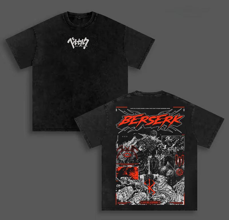 Berserk Guts Manga T-shirt For Men Clothing Gothic Y2k Vintage Washed T Shirt Summer Short Sleeve Oversized Cotton Tee Clothes