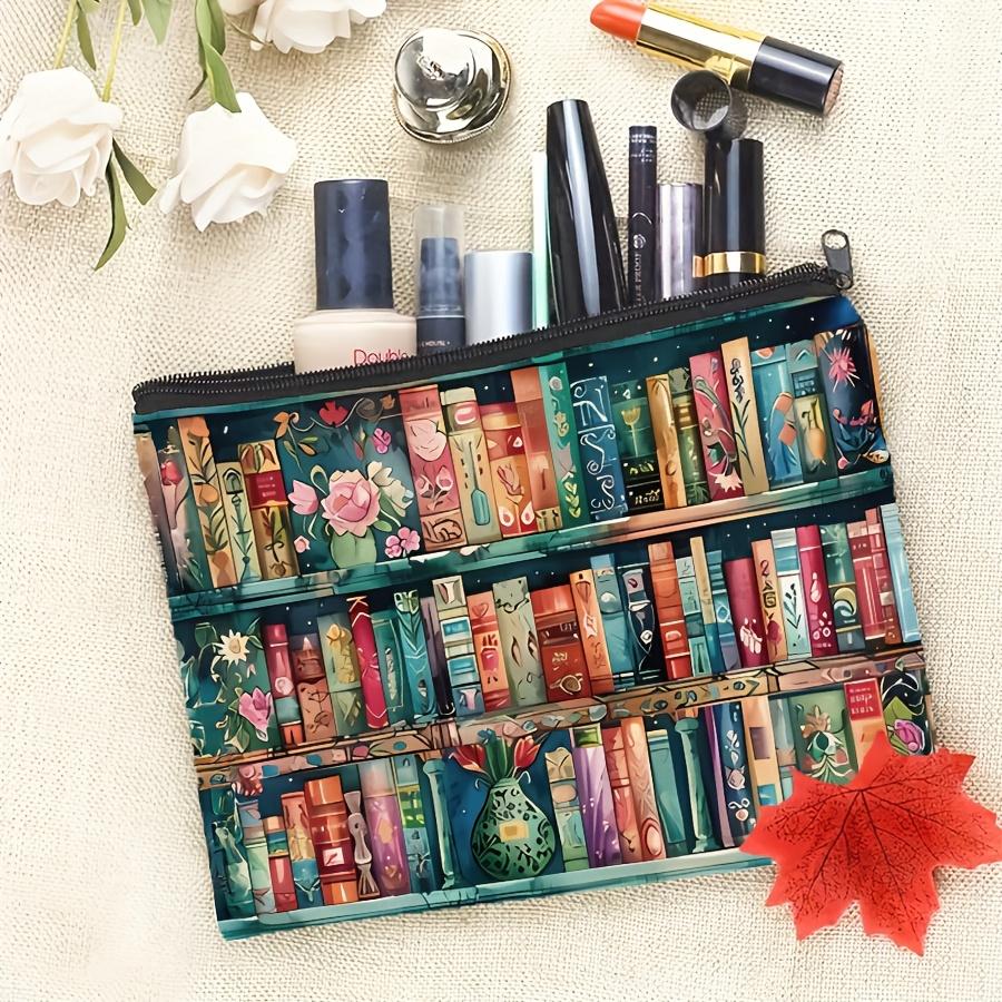 Stylish Book Lover's Makeup Bag – Double Sided Print with Vibrant Bookshelf Design