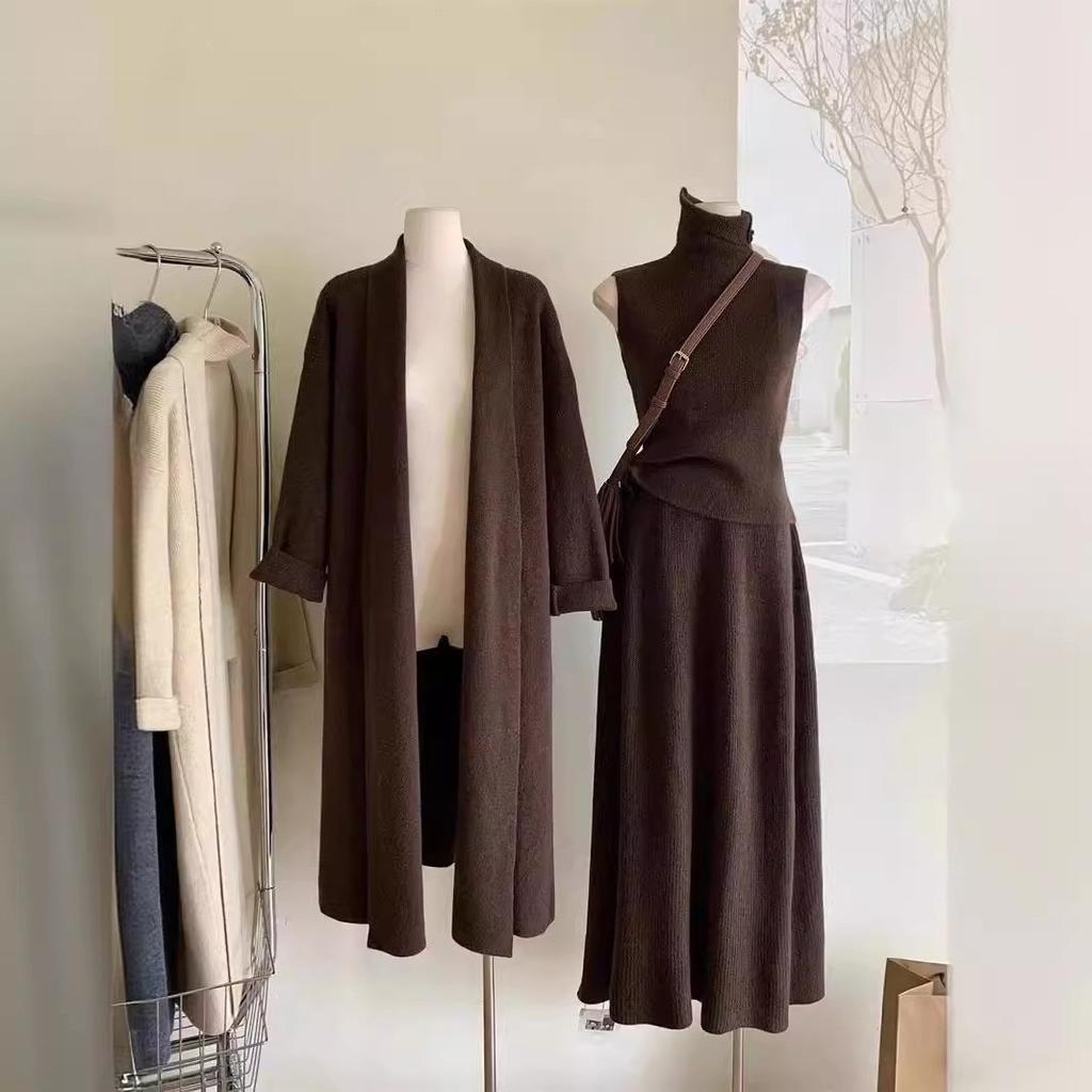 Women Spring Autumn Winter Three Piece Sets Long Sweater Turtleneck Vest Jumper Dress Knitted Crochet Coat Y2k High Waist Skirt