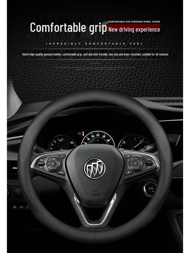 Genuine Leather Steering Wheel Cover for Buick: Regal, LaCrosse, Verano, Envision S, Enclave, Encore, GL6