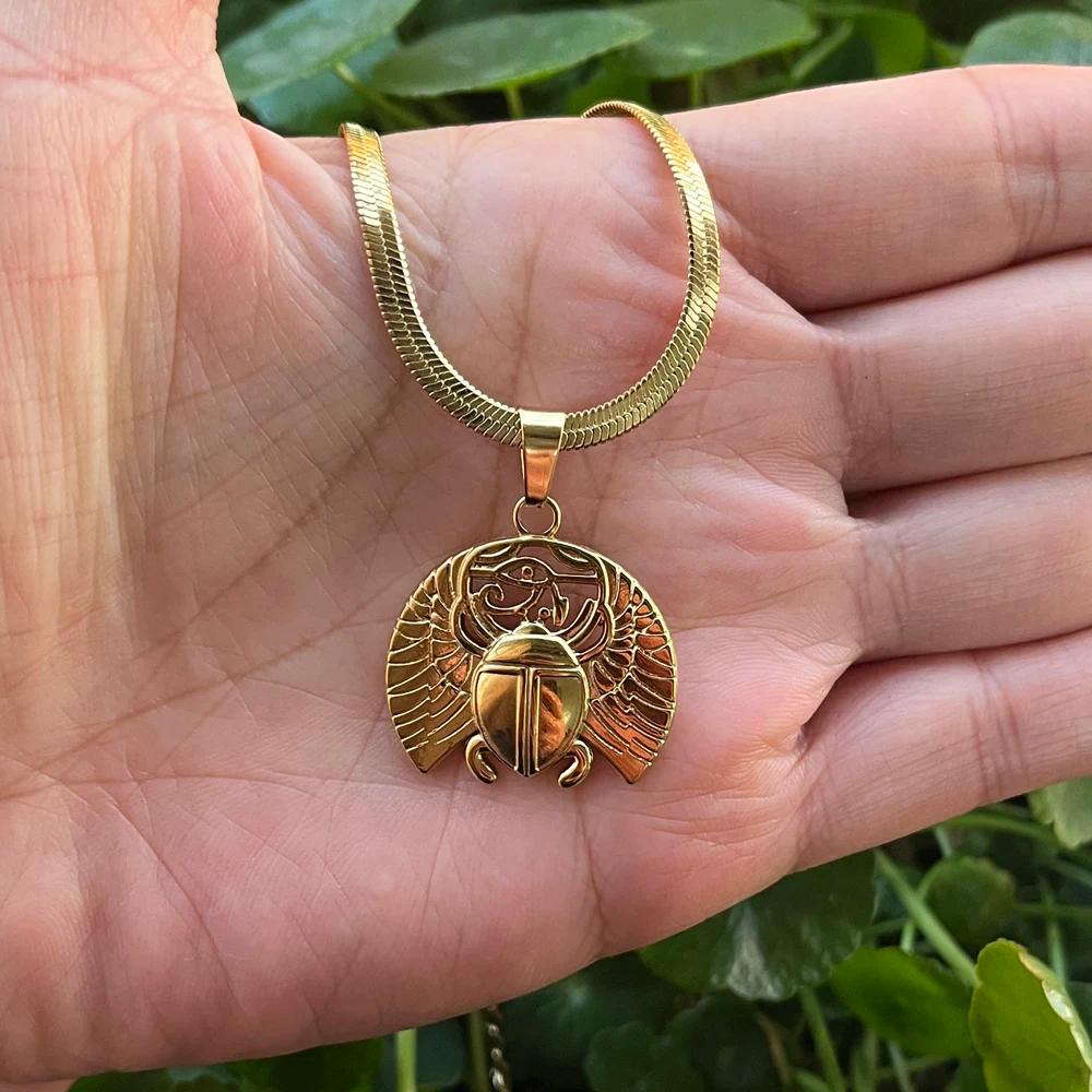 Ancient Egyptian Symbol Scarab Beetle Insect Pharaoh Protection Rebirth Amulet Pendant Necklace Women Stainless Steel Chains Jewelry Gifts
