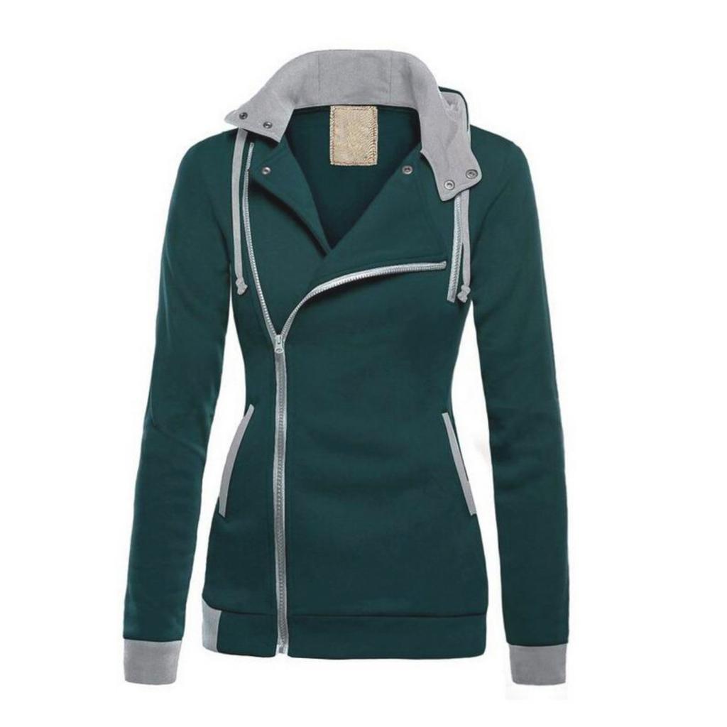 Women's Spring Fleece Lined Color Block Hooded Sweatshirt, Thickened Warm Diagonal Zipper Hoodie