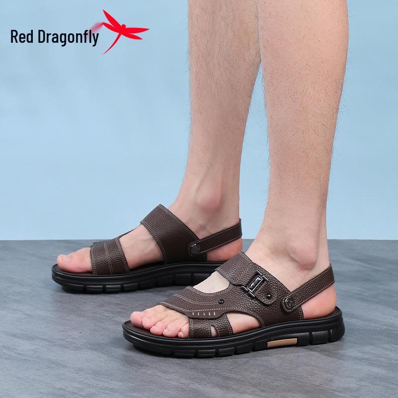 Мужские нескользящие кожаные пляжные сандалии Red Dragonfly - Мягкая подошва, износостойкие, устойчивые к запаху, летние папины шлепанцы.
