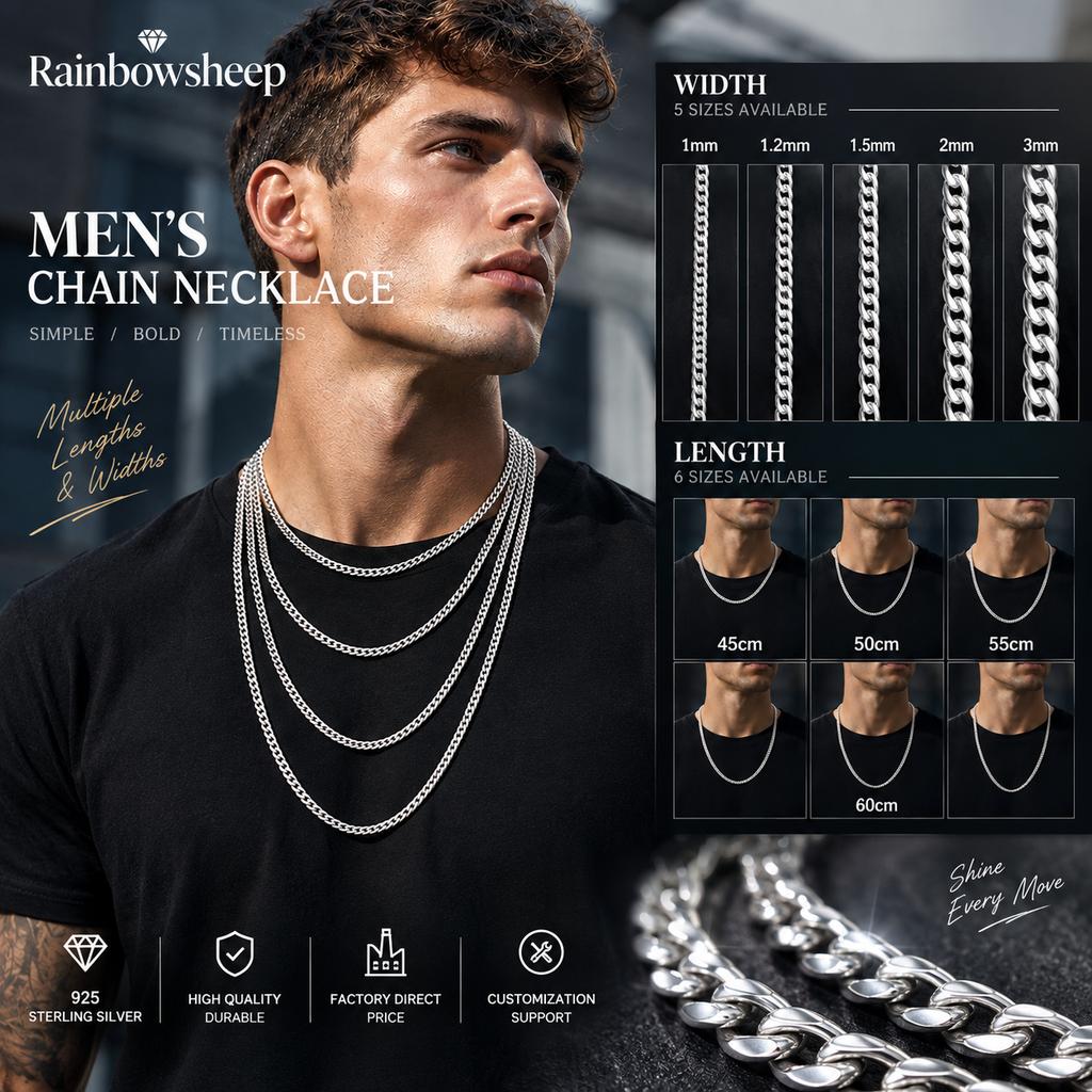 High Quality S925 Sterling Silver Necklace Cuban Link Chain Necklace Plain Curb Chain for Women Men's Daily Wear Fine Jewelry