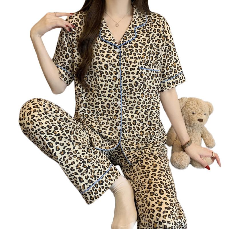 Light luxury leopard print ins style fashion spring new imitation cotton pajamas women's casual short-sleeved trousers two-piece set