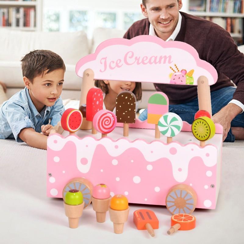 Wooden Play House Simulation Play House Ice Cream Cone Ice Cream Trolley Wooden Parent-child Play Children's Toys