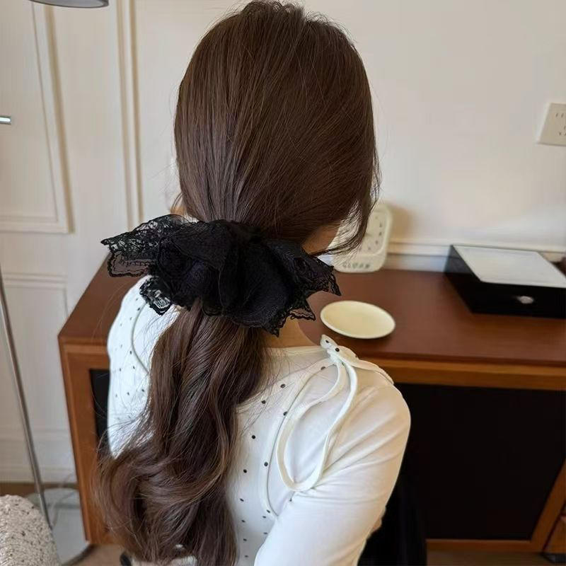 Кружевные резинки для волос для женщин, двухслойные, с цветком, галстуком-бабочкой, длинной лентой, большими оборками, эластичные, модные, изысканные, милые аксессуары для волос для девочек
