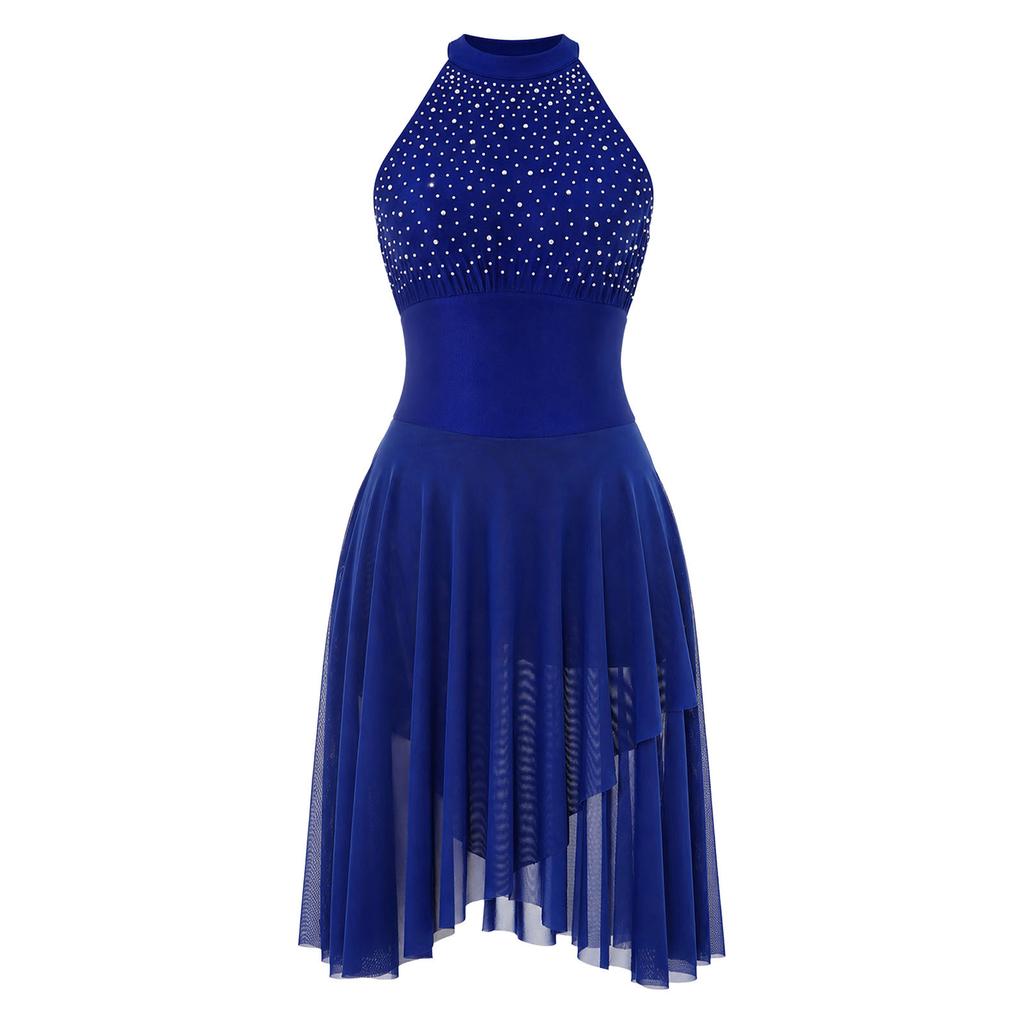 Shiny Rhinestone Lyrical Dance Dress Women Halter Sleeveless Keyhole Back Asymmetrical Mesh Built-in Briefs Figure Skating Performance