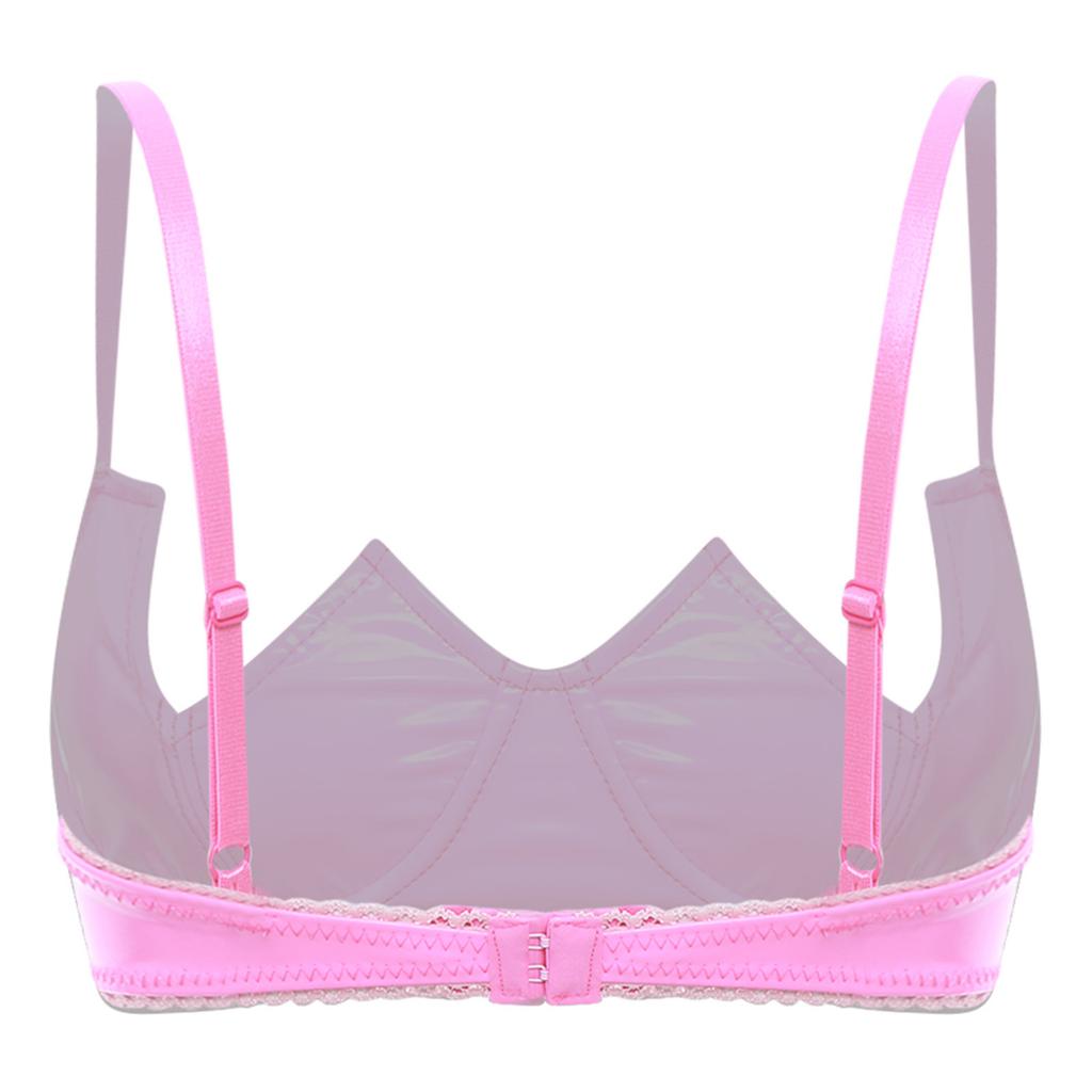 Womens V Notch Underwired Bra Wet Look Patent Leather Adjustable Spaghetti Strap Brassiere Top