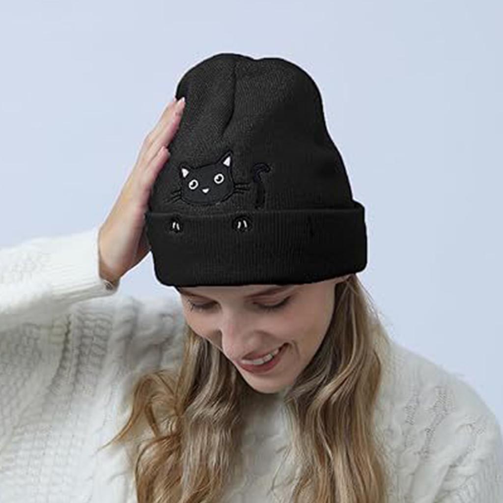 Knit Skull Hat with Embroidered Lovely Kitten Hat Knit Caps for Unisex Pullover Cartoon Hat Embroidered Skull Caps