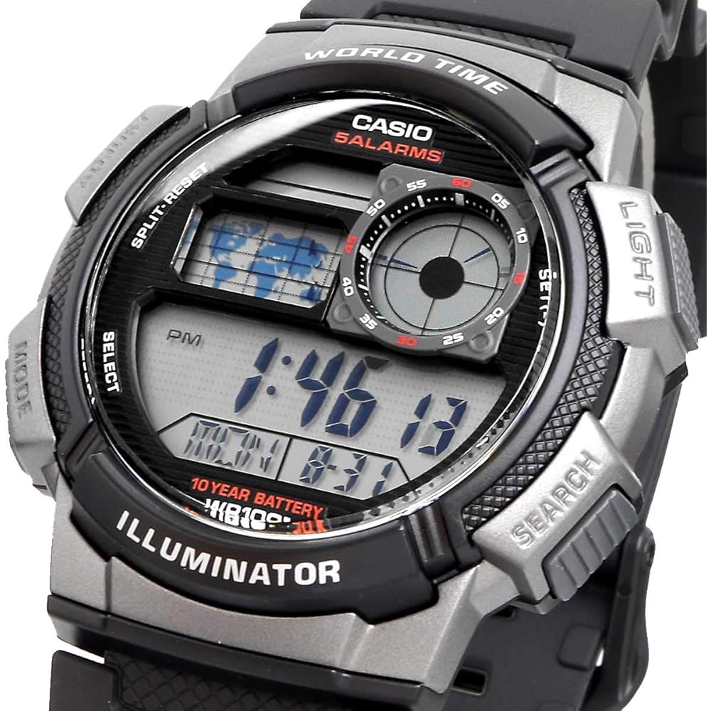 Casio World Time Digital Men's Watch AE-1000W-1BV Black Gray Metallic 50m Water Resistant