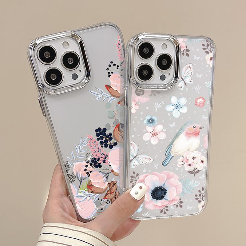Plating Retro Flowers Pattern Case For iPhone 16 15 14 Pro Max Plus 12 13 Pro 11 Electroplating Lens Frame Clear Cover