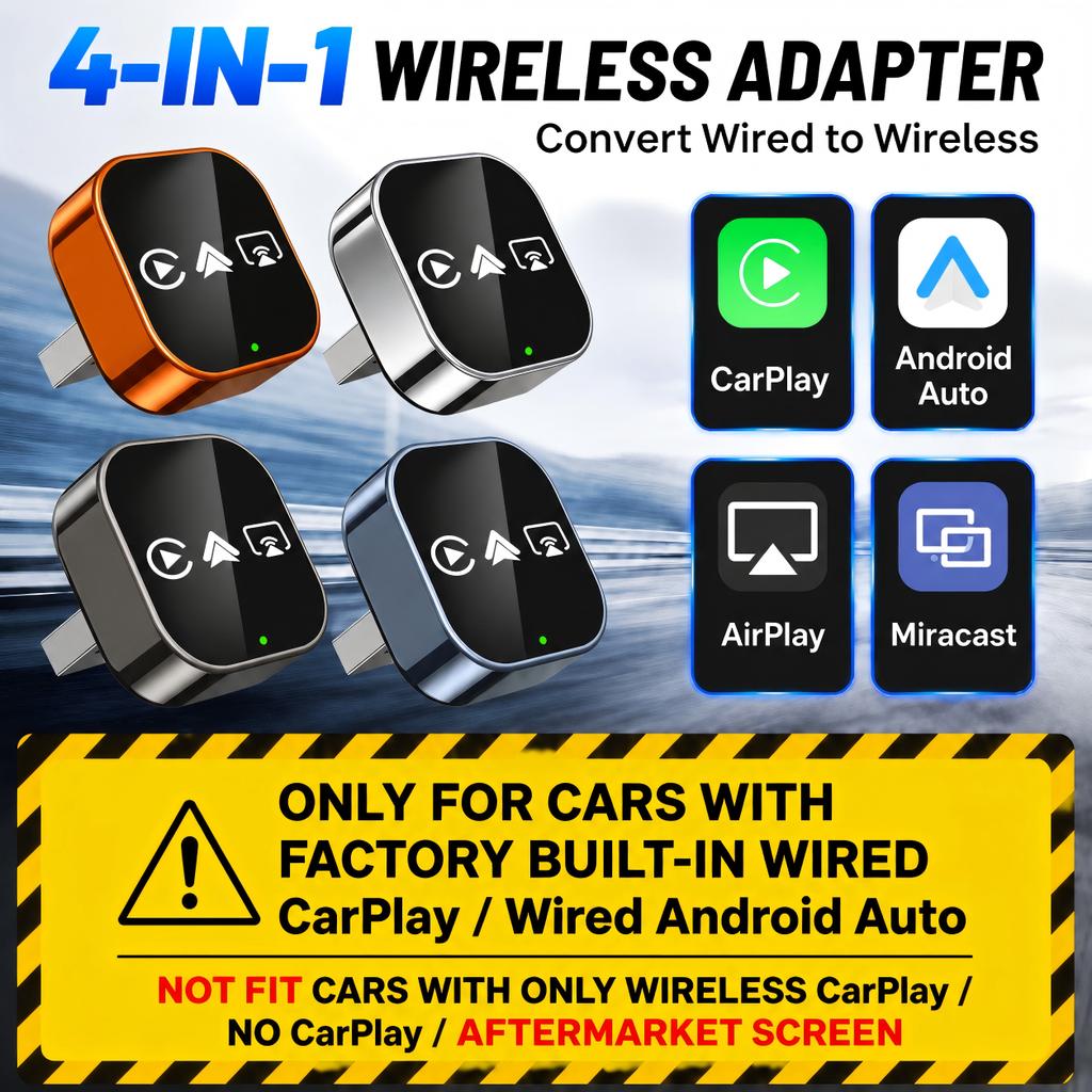 4 in 1 Smart Car Dongle Wireless CarPlay & Android Auto Adapter Wired to Wireless Converter AirPlay Miracast Screen Mirroring