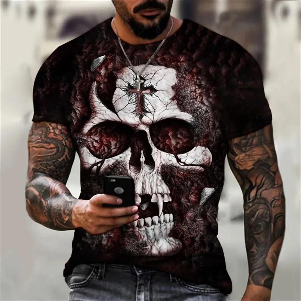 Men's Summer Skull Print T-Shirt Soft Breathable Round Neck Outdoor Street Style Casual Graphic Tee Comfort Top