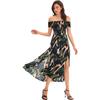 Ladies Short Sleeve Flat Shoulder Beach Leaf Printing Split Occasion One Piece Dress