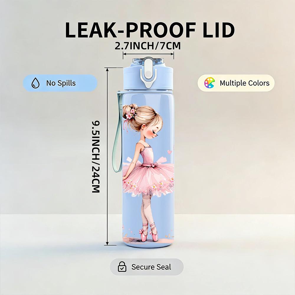 1PC Soft Pink Tutu Ballerina Silhouette 750ml Color Plastic Water Bottle Leakproof Flip Straw Lid For Sports Office Home Use