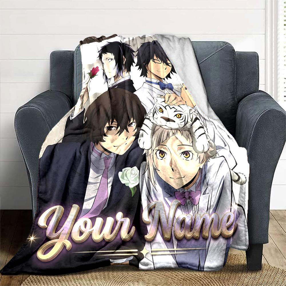 1pc Bungo Stray Dogs Blanket with Custom Name, Gift, for Men and Women, Soft Blanket, Good for Sofa Bed Couch Travel, Lightweight Flannel Blanket