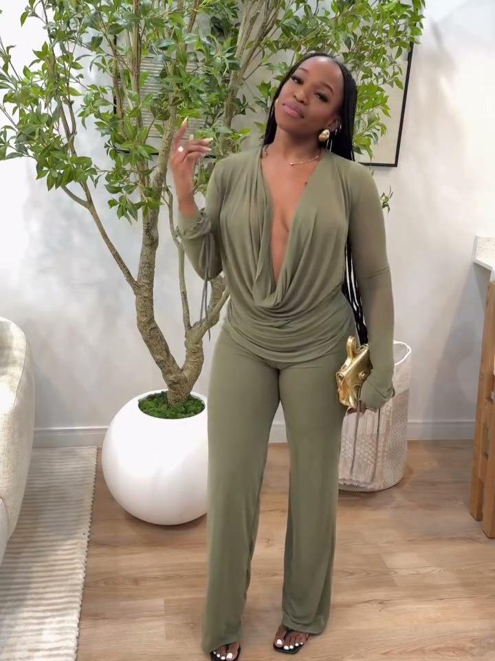 European and American fashion African long-sleeved trousers set swinging collar sexy versatile slim-fitting top pants two-piece set women