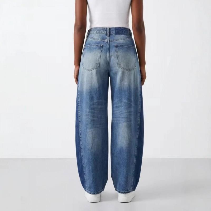 Washed Stitching Jeans Low Rise Relaxed Straight Leg Denim Pants Women Men