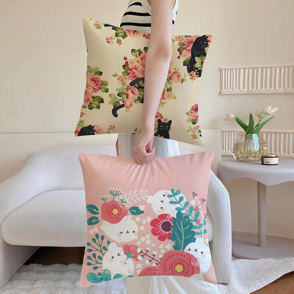 Kitty Flower Apple Pillow Cute Print Cushion Cover Pillowcase Short Plush Invisible Zipper Room Sofa Cushion Cover